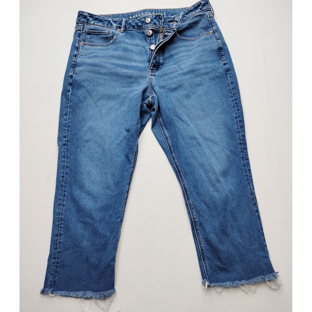 American Eagle Tomgirl Button Fly Size 14 x-short Straight Blue Jeans Raw Hem